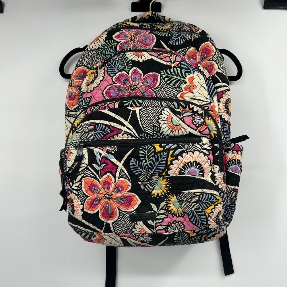 Vera Bradley Campus Backpack Java Floral Black Pink Quilted Cotton Large Bag